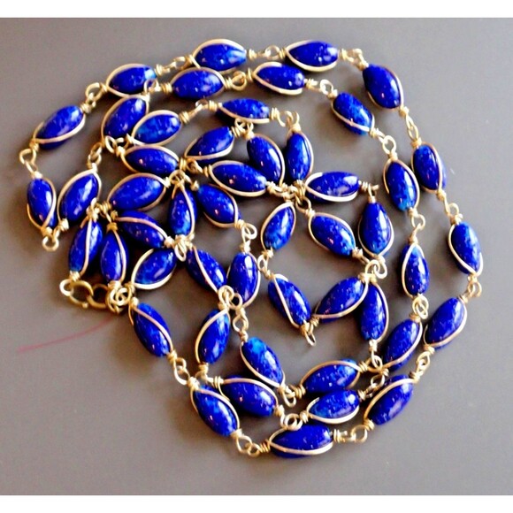 Lapis Lazuli Bead Copper Wire Wrapped Chain Link Long Single Strand Necklace 48" - Picture 9 of 14